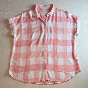 beachlunchlounge Women's Pink White Check Short Sleeve Button Down Shirt Size L